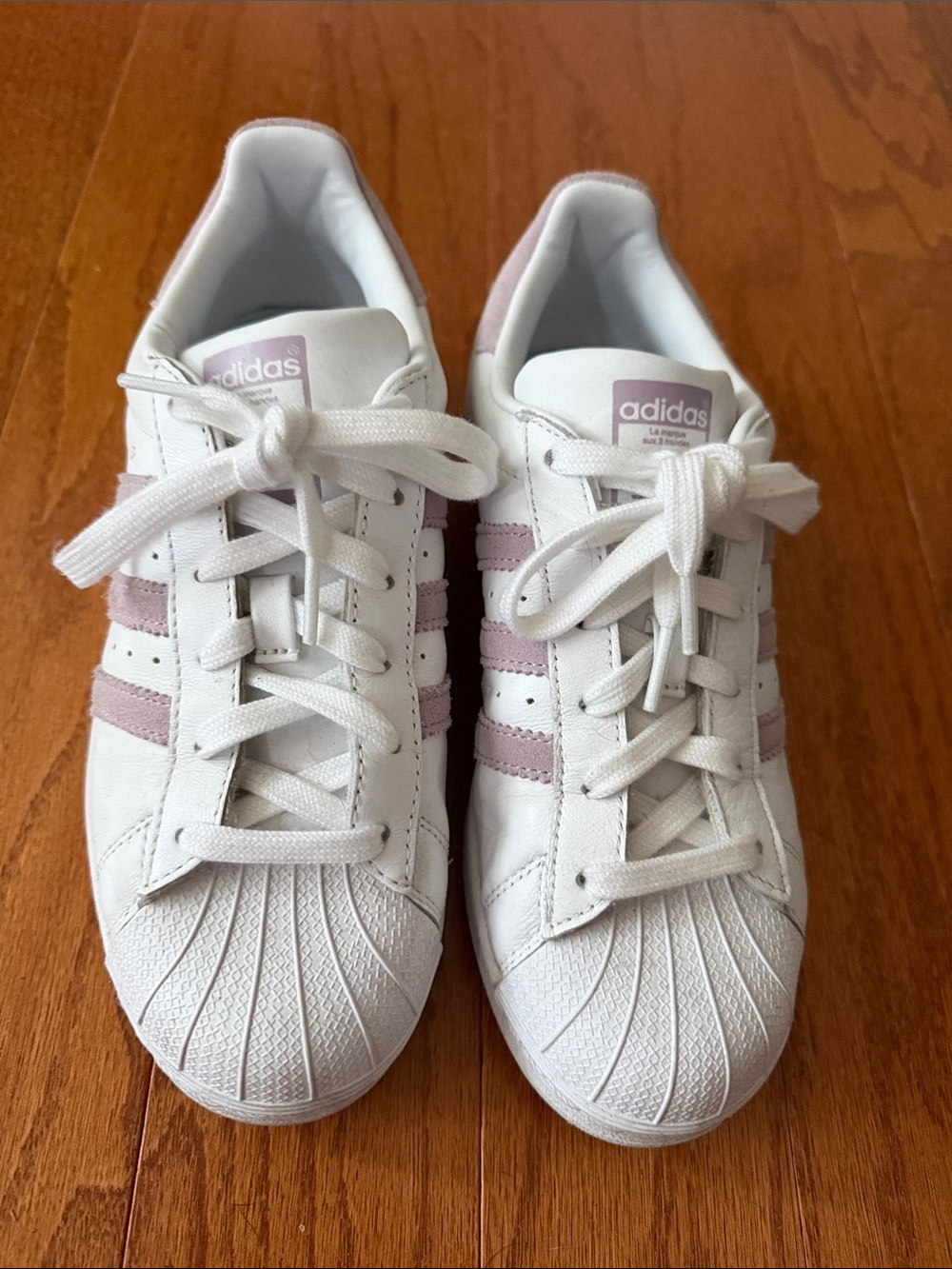Size 6 1/2 barley worn adidas Women’s White Sneakers with Dusty Pink Stripes